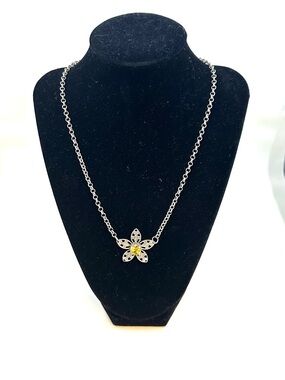 Silver Flower Pendant Necklace with Yellow Crystal
